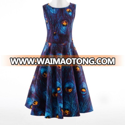 2018 New Women Blue Peacock Printing Plus Size Vintage Swing Dance Dresses