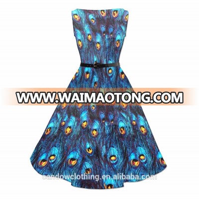 Hot Sale High Quality 50s 60s Rockabilly Vintage Novelty Peacock Printed Swing Dresses