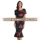 Belle Poque Retro Vintage Flower Pattern Short Sleeve Crew Neck Hips-Wrapped Black Cotton Bodycon Mermaid Dress BP000430-1